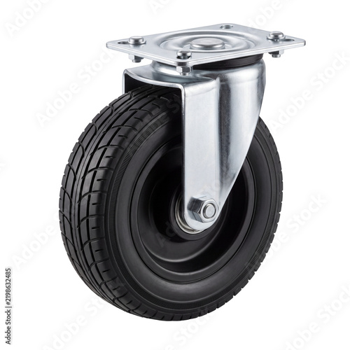 Industrial swivel caster wheel with rubber tire on transparent background