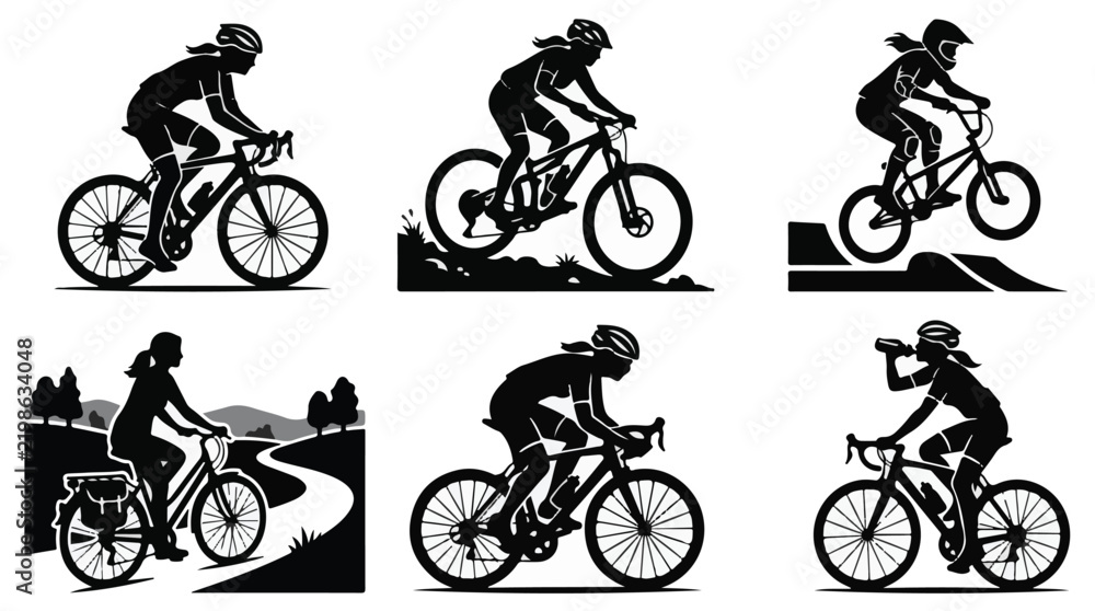 Fototapeta premium Female Cyclists Riding Bicycle Poses Vector Silhouette Collection 