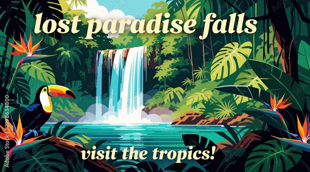 Fototapeta premium Tropical waterfall flows into blue lagoon in jungle. Colorful toucan bird sits on branch near exotic flowers. Vibrant green foliage, palm leaves surround scenic paradise landscape. Beautiful nature