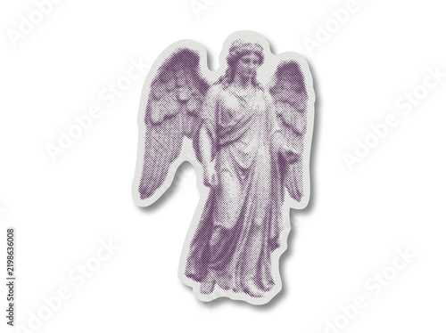 Winged angel statue graphic element in halftone dot print style isolated on transparent background