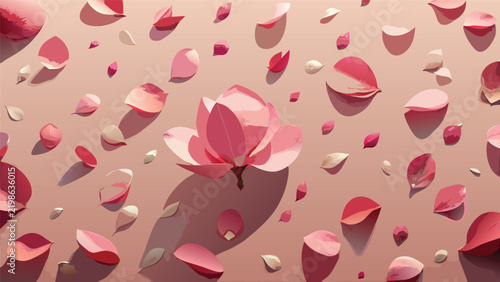 Magnolia blossom centerpiece with scattered pink petals artfully arranged on light surface pink flower floral pattern spring blossoms floral design magnolia tree flower background spring flower