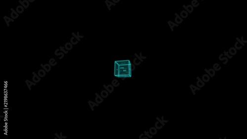 Abstract Neon Wireframe Cube Rotating in Dark Space.