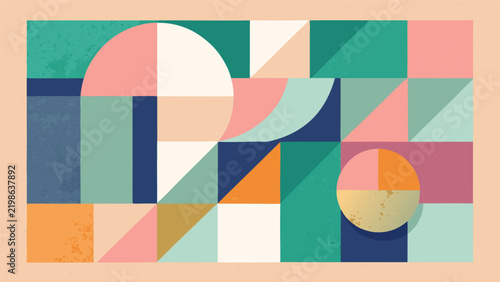 Abstract geometric mosaic pattern of squares and circular shapes with modern art