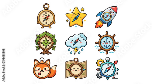 Cartoon navigation icons featuring compasses and maps.