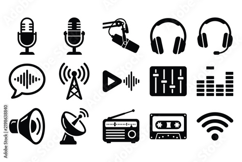 Broadcasting and audio media icon set including microphones speakers and recording equipment with audio icons media symbols sound waves music icons podcast equipment audio mixer satellite dish