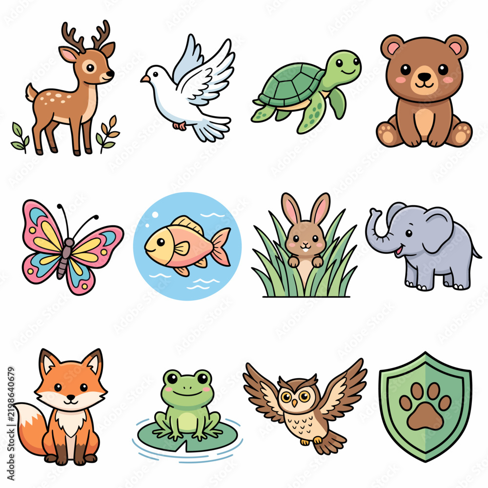 Obraz premium Cute cartoon animals vector set featuring wild and domestic creatures in a playful style