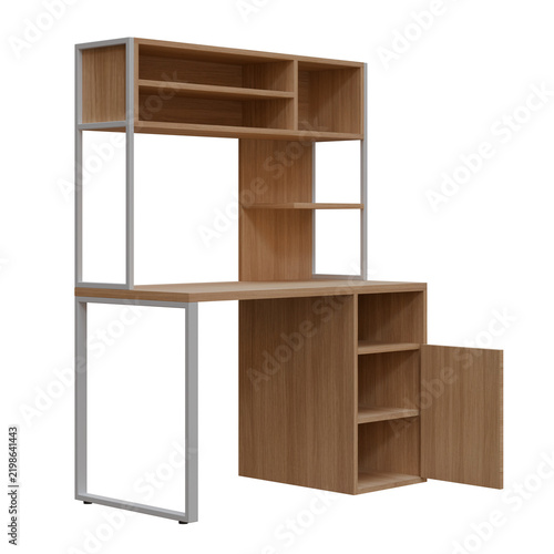 Modern Wooden Office Desk with Storage Hutch and Cabinet Open Door Left View
