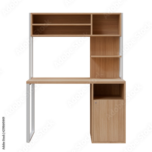 Modern Wooden Office Desk with Storage Hutch and Cabinet Front View