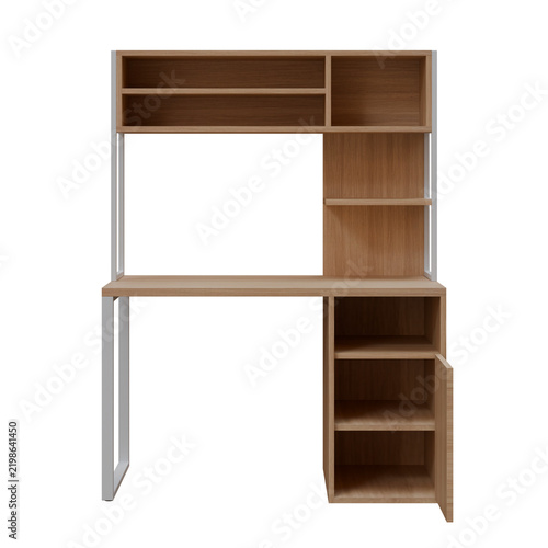 Modern Wooden Office Desk with Storage Hutch and Cabinet Front View Open Door