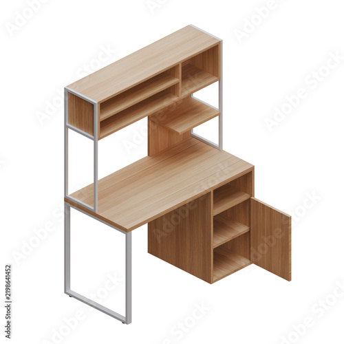 Modern Wooden Office Desk with Storage Hutch and Cabinet Isometric Left View Open Door