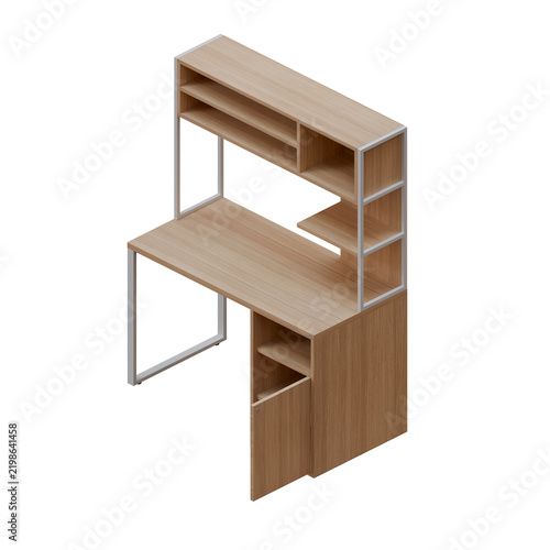 Modern Wooden Office Desk with Storage Hutch and Cabinet Isometric View Open Door