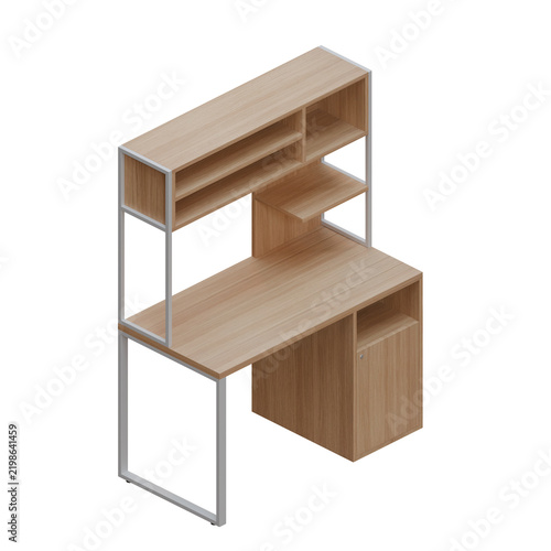 Modern Wooden Office Desk with Storage Hutch and Cabinet Isometric Left View