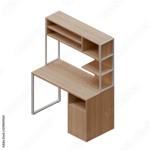 Modern Wooden Office Desk with Storage Hutch and Cabinet Isometric View
