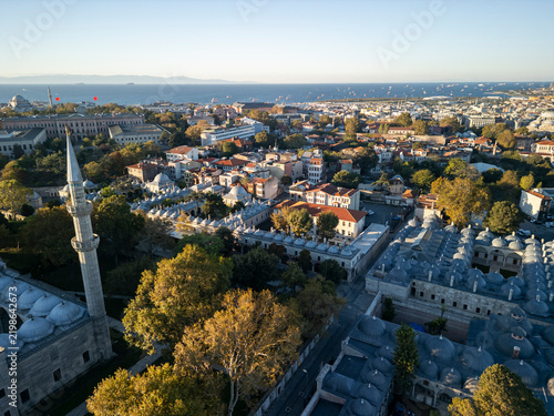 Bild auf Leinwand Turkey, Istanbul 06 10 2025: Aerial drone photo of Suleymaniye Tip Medresesi, library, Evvel Medrese, Ibn Haldun faculty, and Istanbul University at morning sunrise