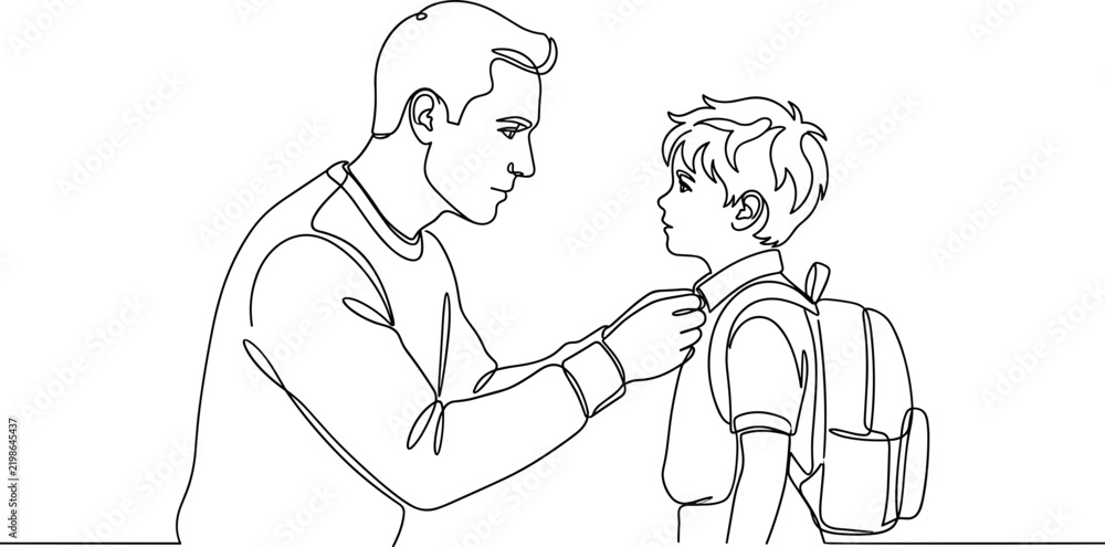 Fototapeta premium A father is gently adjusting his young son collar as they prepare for school together.