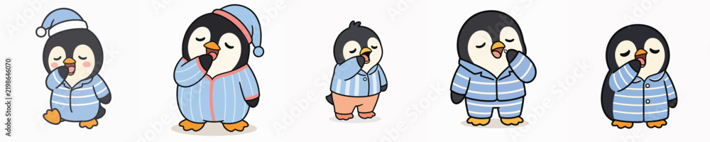 Fototapeta premium A set of cute vector penguins dressed in pajamas and yawning sleepily.