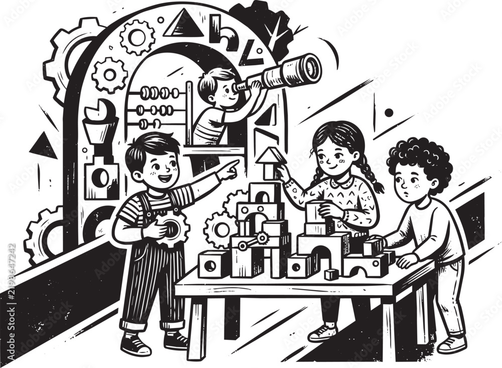 Obraz premium Children playing with wooden blocks, gears, and a telescope in a black and white hand-drawn style on a white background isolated