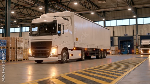 A modern white transport truck waits at a loading dock inside a busy warehouse.