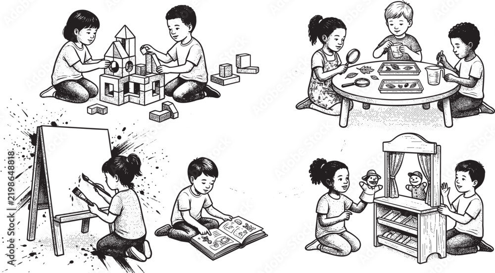 Fototapeta premium Set of children learning through play with blocks, science experiments, painting, and puppets in a black and white on white background