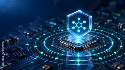 Obraz na płótnie Hardware microchip with glowing holographic security shield and network node for cyber protection
