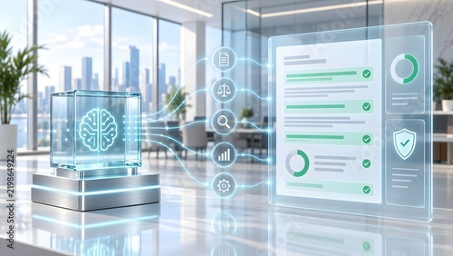 Artificial intelligence brain analyzing legal document for automated compliance audit and contract review[cite: 51]