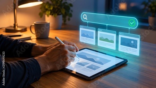 Designer using digital tablet with stylus to develop website wireframe layout and search interface architecture[cite: 52]