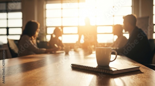 White coffee mug and spiral notebook on wooden desk with colleagues in a blurred meeting with sunlit meeting room