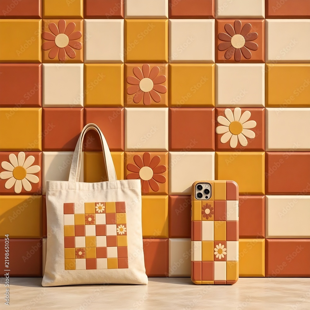 Obraz premium 3D Daisy Flower Pattern On Checkered Quilted Background Seamless Texture 