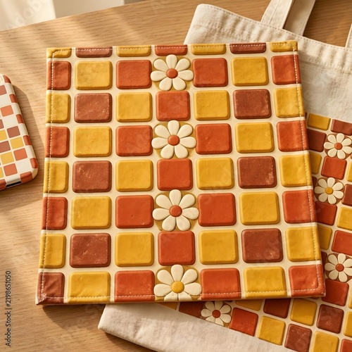 
3D Daisy Flower Pattern On Checkered Quilted Background Seamless Texture
