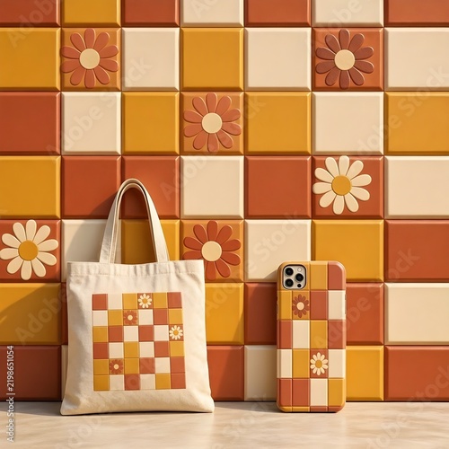
3D Daisy Flower Pattern On Checkered Quilted Background Seamless Texture
