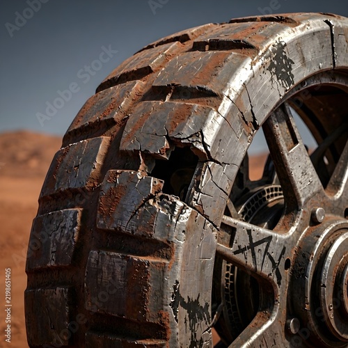 Rusty Broken Tank Wheel Wreck In Desert Wasteland Post Apocalyptic War Ruins
