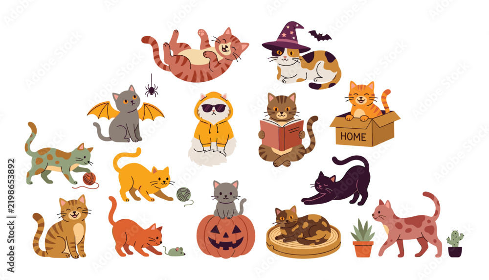 Obraz premium Cute cartoon cats and kittens vector set featuring funny characters with Halloween costumes spooky pumpkins and cozy winter themes