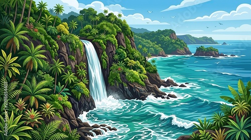 Tropical waterfall cascading into turquoise lagoon surrounded by lush green foliage and rocky coastline