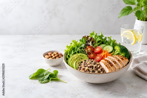 Healthy chicken salad bowl with fresh vegetables and avocado