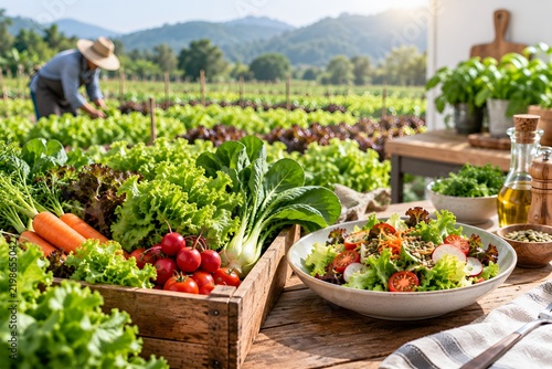 Fresh vegetable harvest and healthy salad on a farm