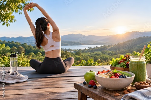 Healthy lifestyle woman practicing yoga with fresh breakfast outdoors