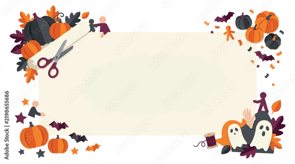 Fototapeta premium Halloween autumn border frame with pumpkins ghost bats leaves. EPS Editable. Vector Illustrations.