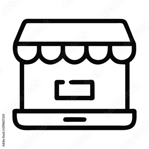 Online store front on laptop screen e commerce shop vector icon.