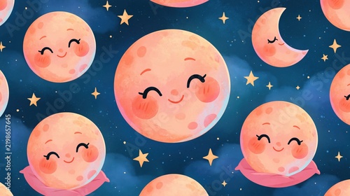 Whimsical celestial bodies with happy faces fill a starry night sky.