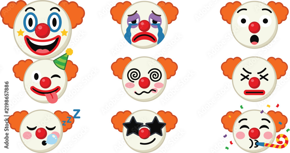 Obraz premium Cute clown emoji vector illustration set featuring various facial expressions including happy sad angry shocked dizzy and sleeping face icons