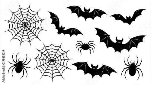 Various silhouettes of bats and spiders are arranged on a white background.