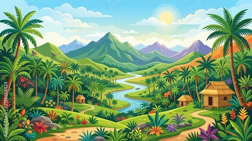 Tropical valley landscape with palm trees and lush greenery featuring a small hut by the lake