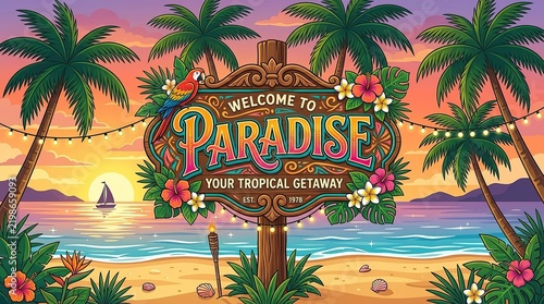 Vintage tropical resort sign welcoming guests to paradise island with palm trees and sunset ocean backdrop