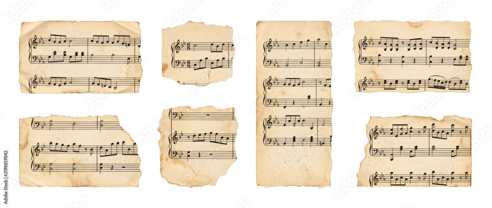 Obraz premium Set of antique aged vintage musical sheet manuscript fragments featuring handwritten staff lines, musical notes and torn yellowed paper. Modern graphic asset on white background template display.