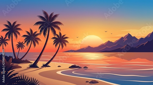 Palm trees framing sunset over calm tropical ocean waves with golden hour lighting