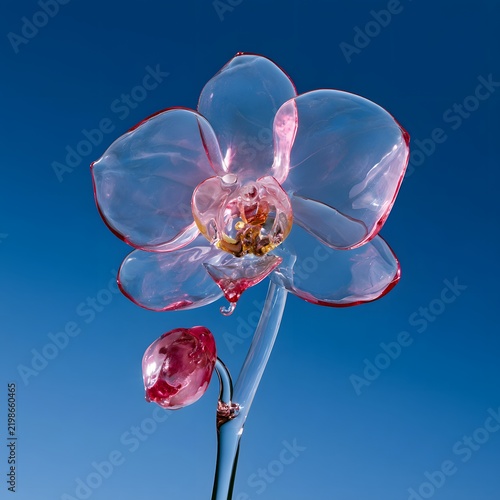 Transparent Pink Orchid Flower with Glass Like Petals Against Blue Background