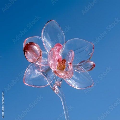 Transparent Pink Orchid Flower with Glass Like Petals Against Blue Background