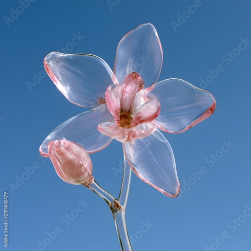Transparent Pink Orchid Flower with Glass Like Petals Against Blue Background