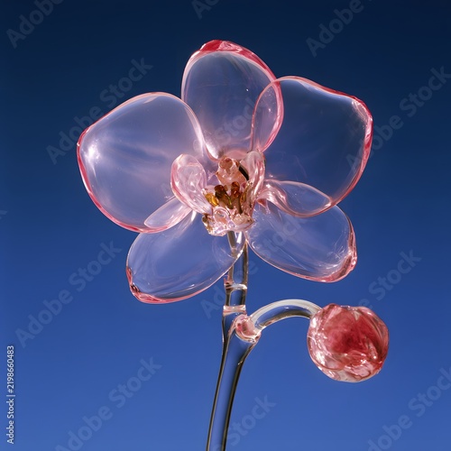 Transparent Pink Orchid Flower with Glass Like Petals Against Blue Background