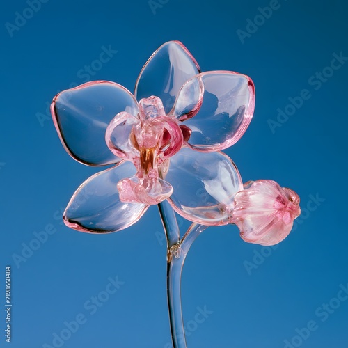 Transparent Pink Orchid Flower with Glass Like Petals Against Blue Background
